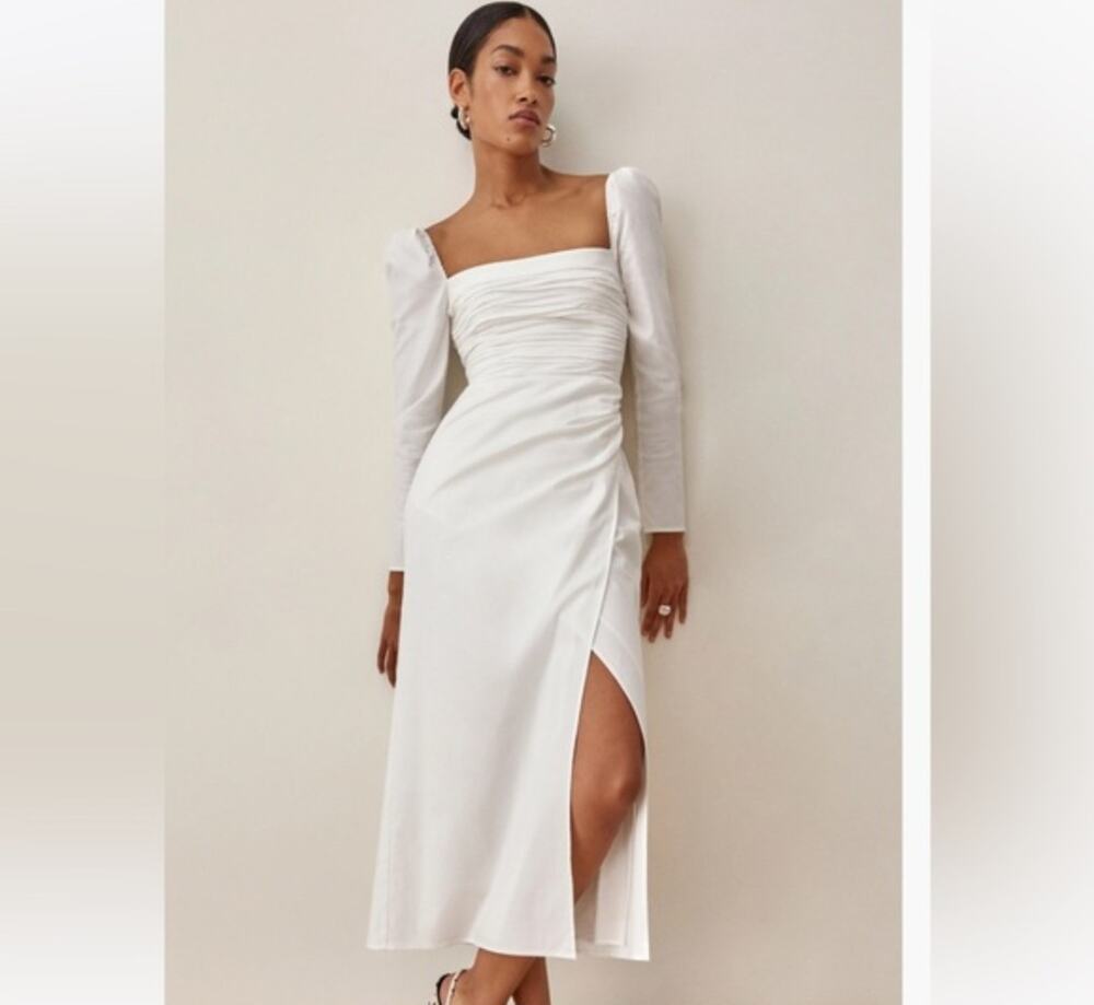 Reformation Isaac Dress 6 White Bridal Wedding Midi Dress Ruched Long Sleeve